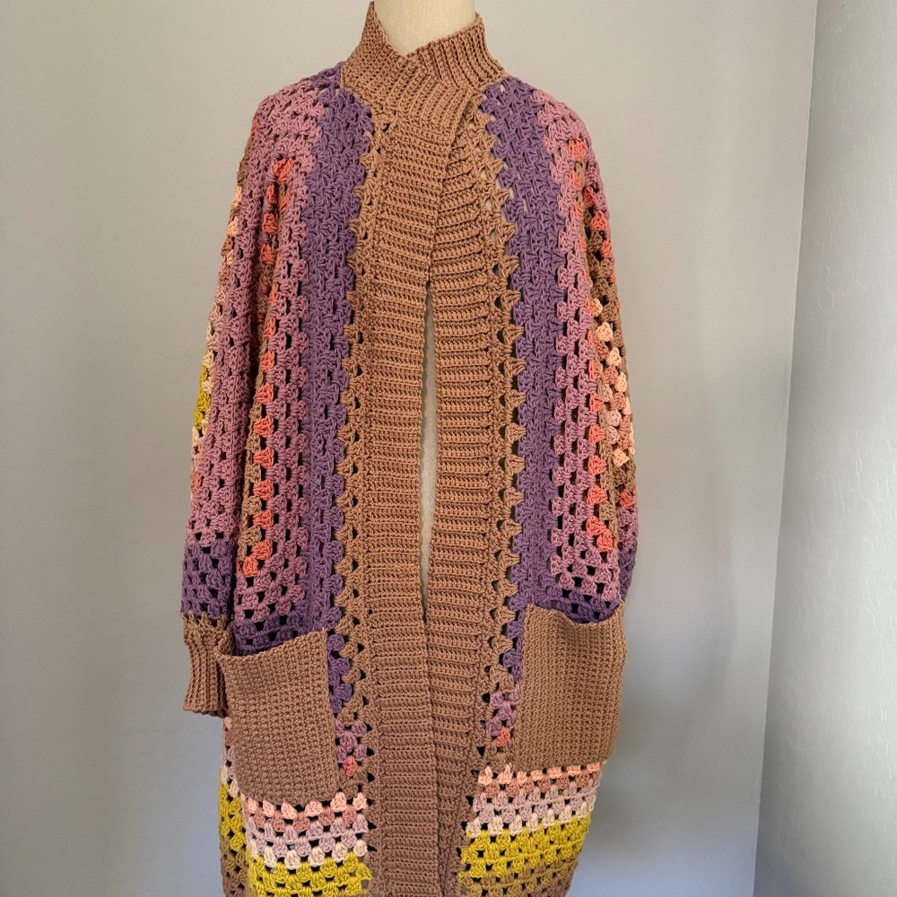 Women's Hand Crocheted 100% Cotton Long Cardigan Sweater Duster Size M/L